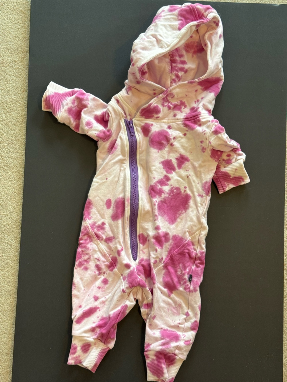 Pink Tie-Dye Asymmetrical Zip Hooded Romper for Babies